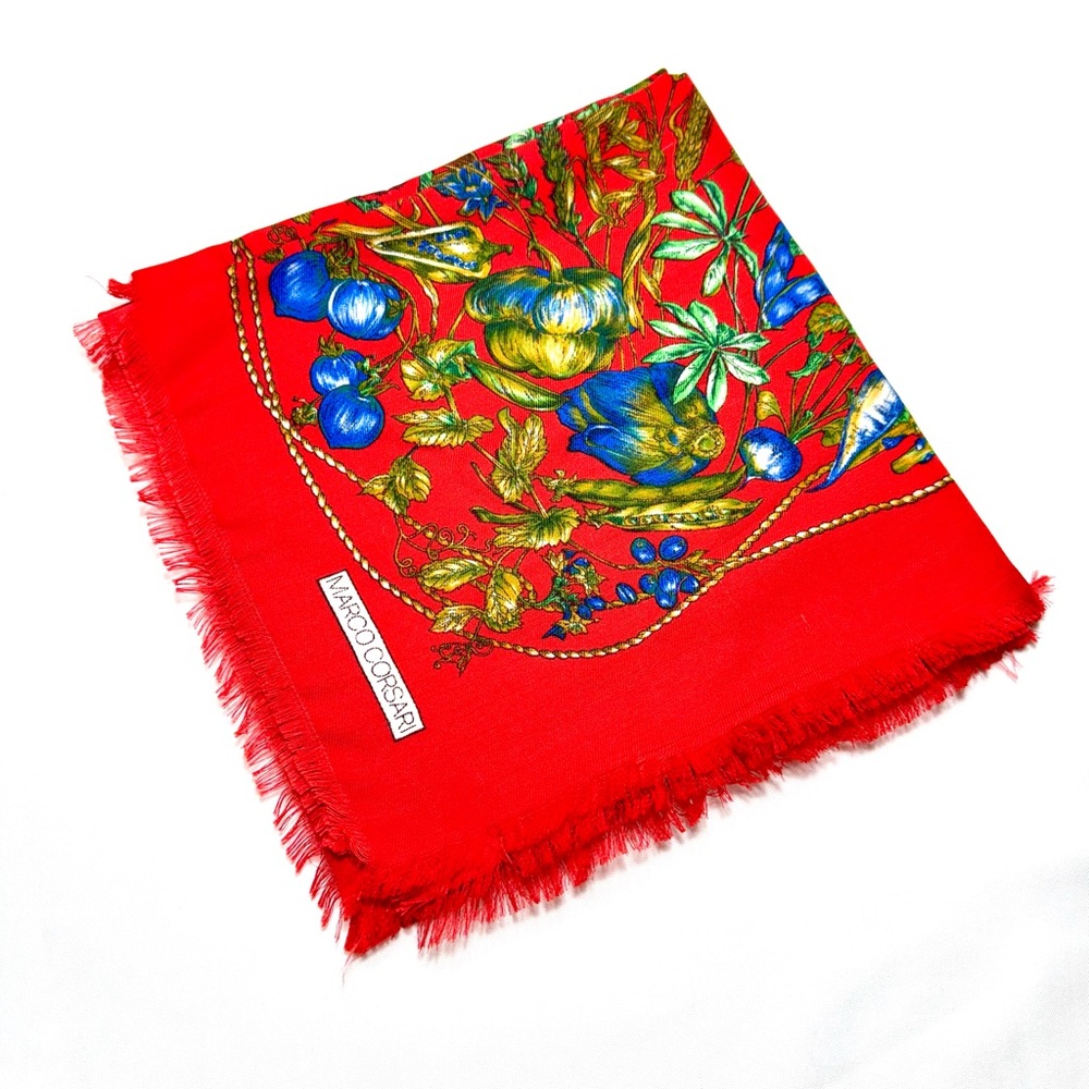 Red Square Scarf Floral Folk Art 46”x46” Marco Corsari Italy signed